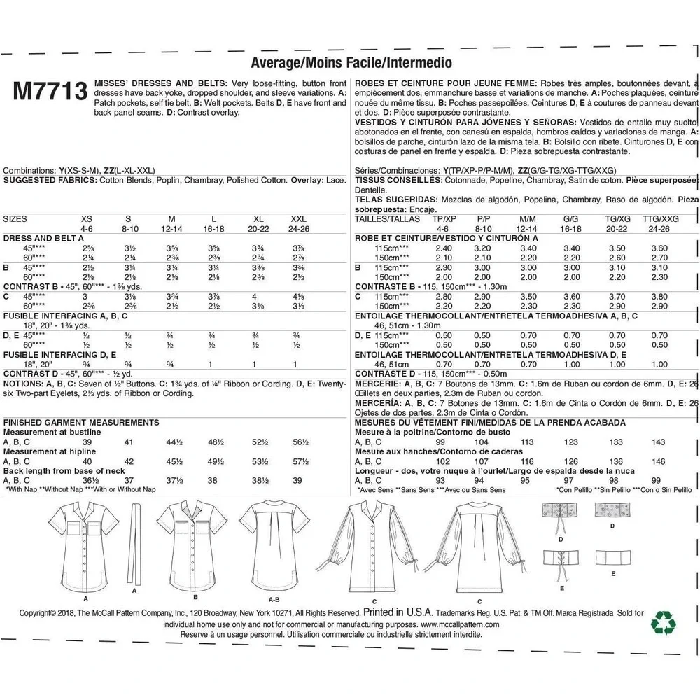 McCalls Sewing Pattern 7713 Dress Patch Pockets Belt Misses Size 4-14‎ UNCUT